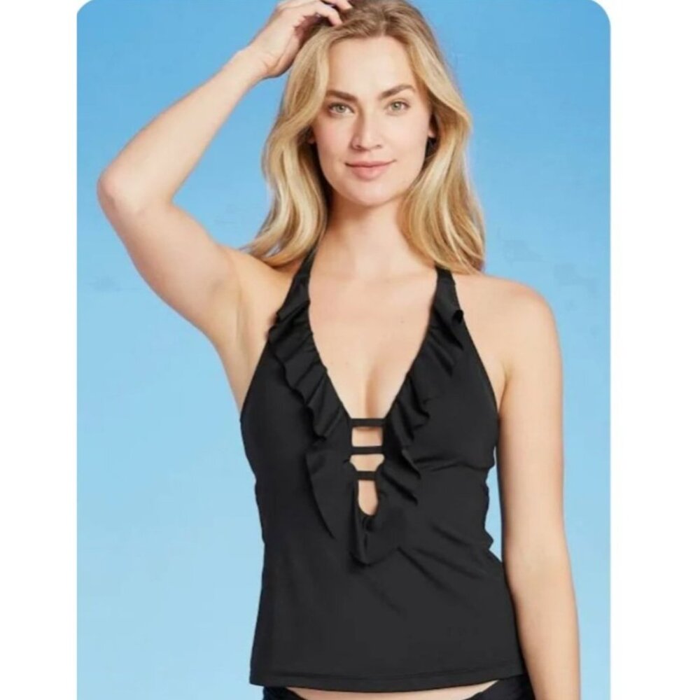 Kona Sol Womens Black Ruffled Halter Tankini Swim Top Strappy Front Size M 8-10